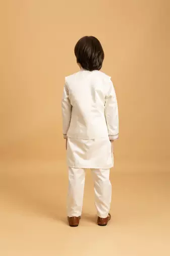 white satin boys kurta pajama set with thread embroidered jacket