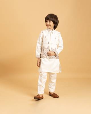 white satin boys kurta pajama set with thread embroidered jacket 5