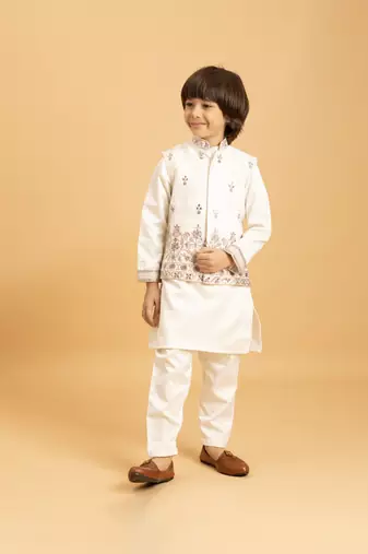 white satin boys kurta pajama set with thread embroidered jacket