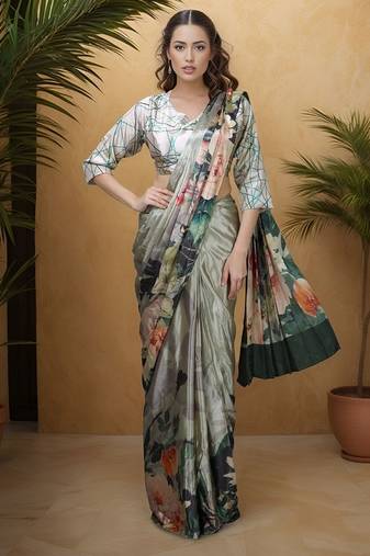 Grey  crepe digital rtw saree with pocket and stitched blouse