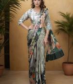 Grey  crepe digital rtw saree with pocket and stitched blouse