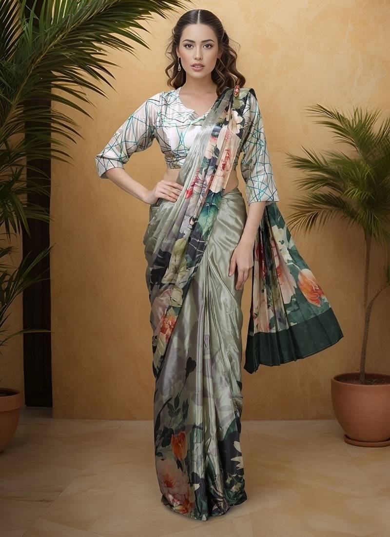 Grey  crepe digital rtw saree with pocket and stitched blouse
