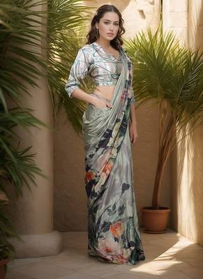 grey crepe digital rtw saree with pocket and stitched blouse 2