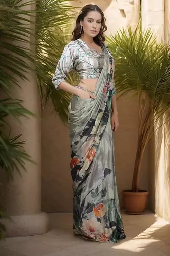 grey crepe digital rtw saree with pocket and stitched blouse