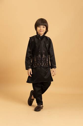 black satin boys kurta pajama set with thread embroidered jacket