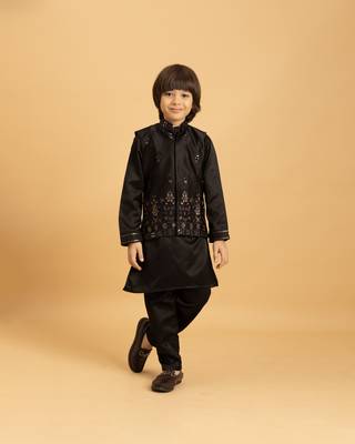 black satin boys kurta pajama set with thread embroidered jacket 1