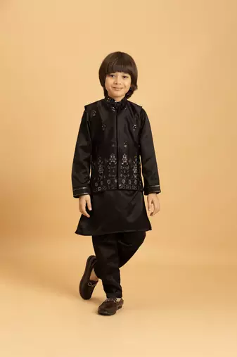 Black satin thead with sequins embroidered work wedding function festival party boys straight kurta pant koti