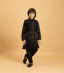 black satin boys kurta pajama set with thread embroidered jacket