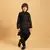 black satin boys kurta pajama set with thread embroidered jacket