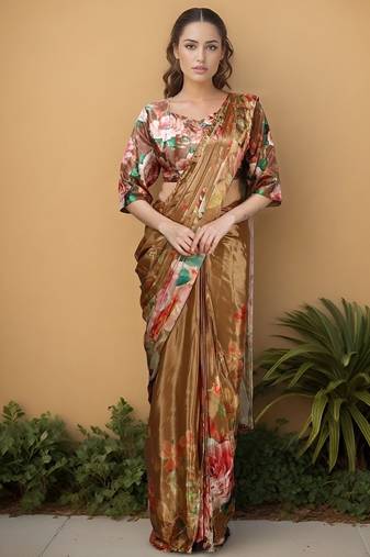 Mustard  crepe digital rtw saree with pocket and stitched blouse