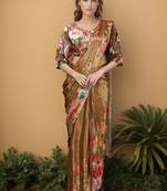 Mustard  crepe digital rtw saree with pocket and stitched blouse