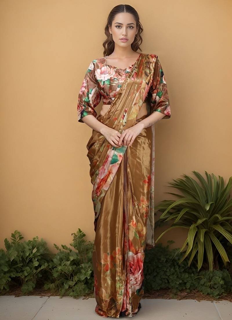 Mustard  crepe digital rtw saree with pocket and stitched blouse