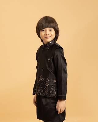 black satin boys kurta pajama set with thread embroidered jacket 2