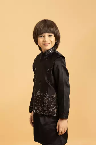 black satin boys kurta pajama set with thread embroidered jacket