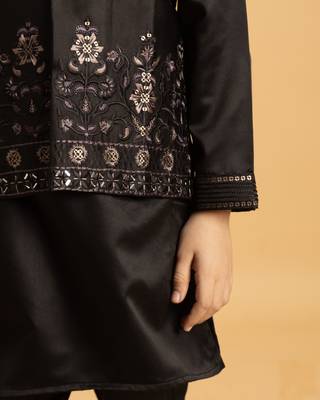 black satin boys kurta pajama set with thread embroidered jacket 3