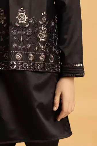 black satin boys kurta pajama set with thread embroidered jacket