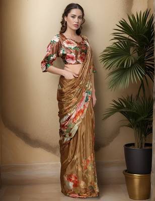 mustard crepe digital rtw saree with pocket and stitched blouse 4