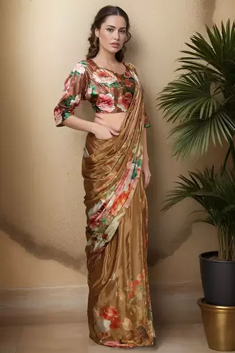 mustard crepe digital rtw saree with pocket and stitched blouse