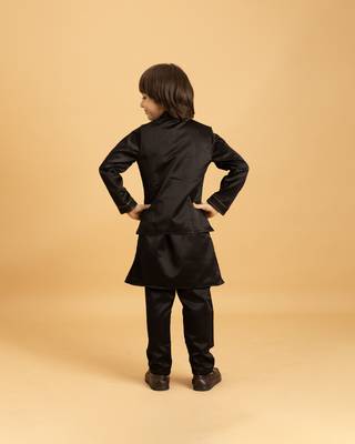 black satin boys kurta pajama set with thread embroidered jacket 4