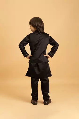 black satin boys kurta pajama set with thread embroidered jacket