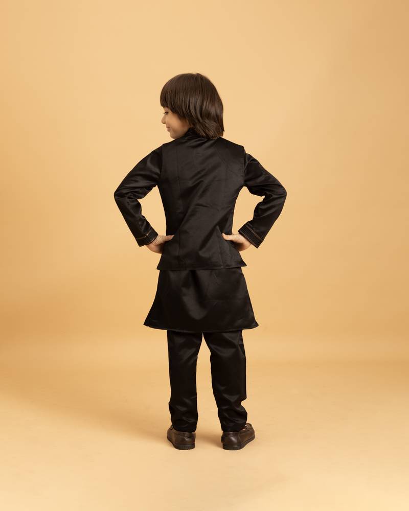 Black satin thead with sequins embroidered work wedding function festival party boys straight kurta pant koti