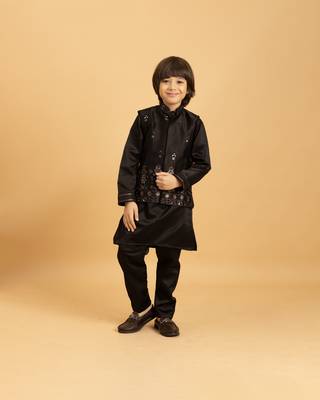 black satin boys kurta pajama set with thread embroidered jacket 5