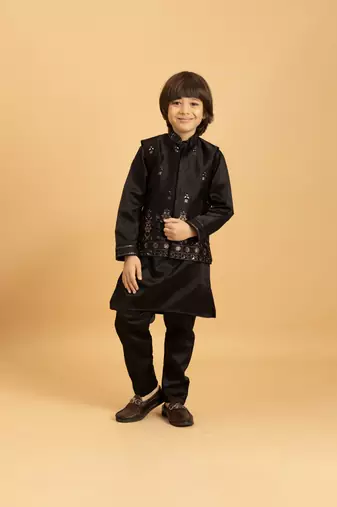 black satin boys kurta pajama set with thread embroidered jacket