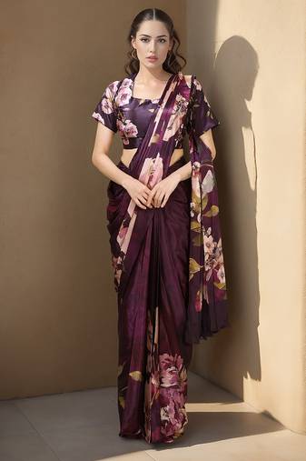 Wine  crepe digital rtw saree with pocket and stitched blouse