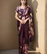 Wine  crepe digital rtw saree with pocket and stitched blouse