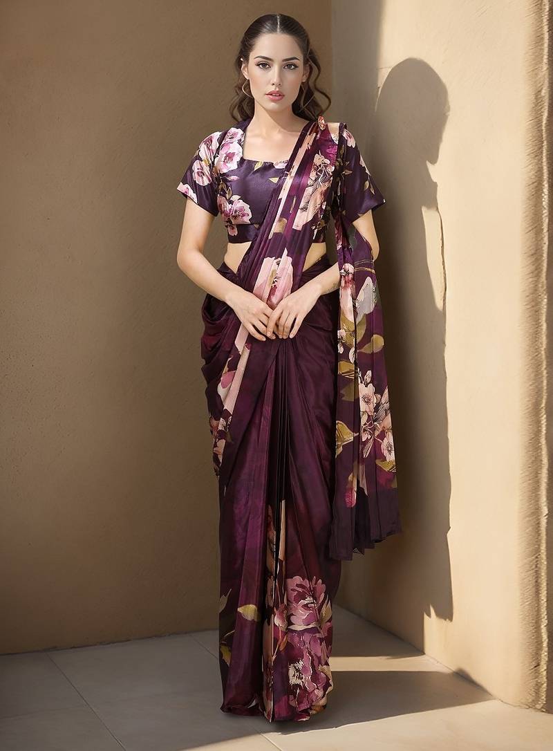 Wine  crepe digital rtw saree with pocket and stitched blouse
