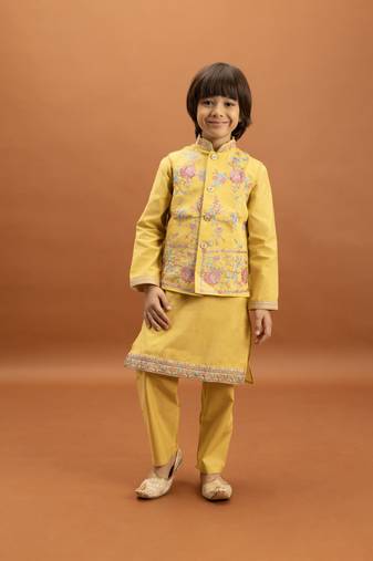 yellow viscose silk floral thread embroidered boys kurta pajama with jacket