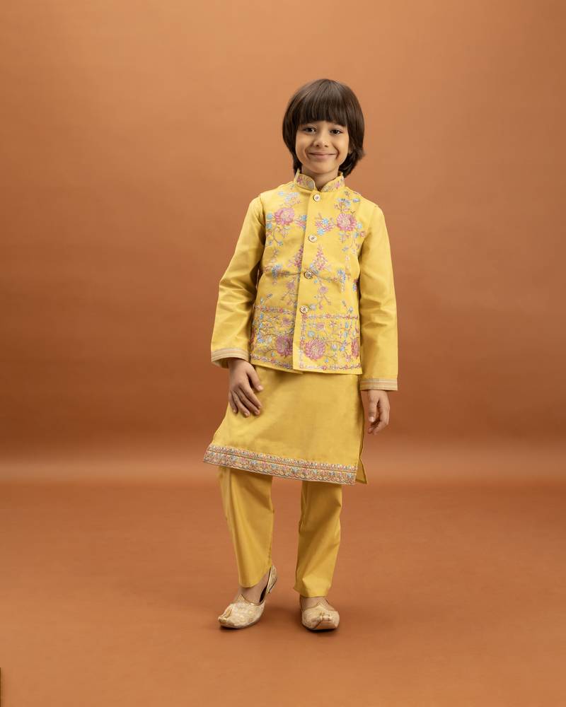 yellow viscose silk floral thread embroidered boys kurta pajama with jacket