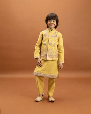 yellow viscose silk floral thread embroidered boys kurta pajama with jacket 1