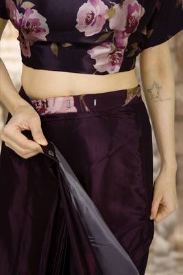 wine crepe digital rtw saree with pocket and stitched blouse 3