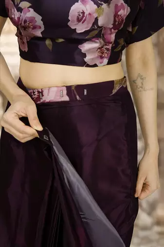 wine crepe digital rtw saree with pocket and stitched blouse