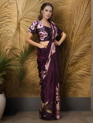 wine crepe digital rtw saree with pocket and stitched blouse 4