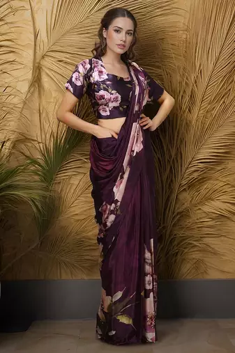 wine crepe digital rtw saree with pocket and stitched blouse