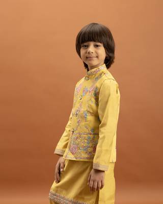 yellow viscose silk floral thread embroidered boys kurta pajama with jacket 2