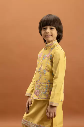 yellow viscose silk floral thread embroidered boys kurta pajama with jacket