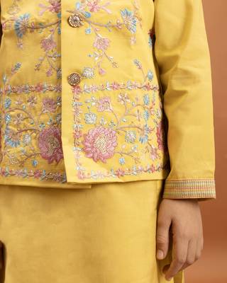 yellow viscose silk floral thread embroidered boys kurta pajama with jacket 3