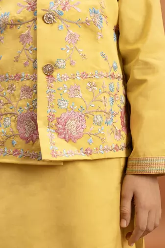 yellow viscose silk floral thread embroidered boys kurta pajama with jacket