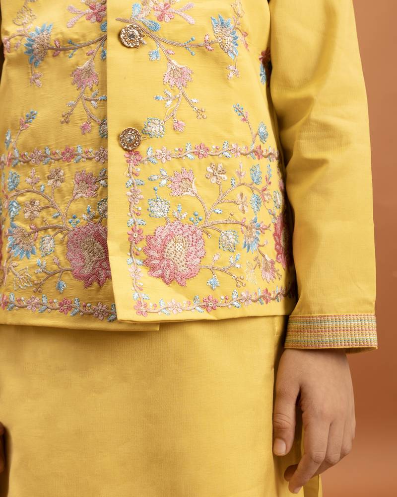 yellow viscose silk floral thread embroidered boys kurta pajama with jacket