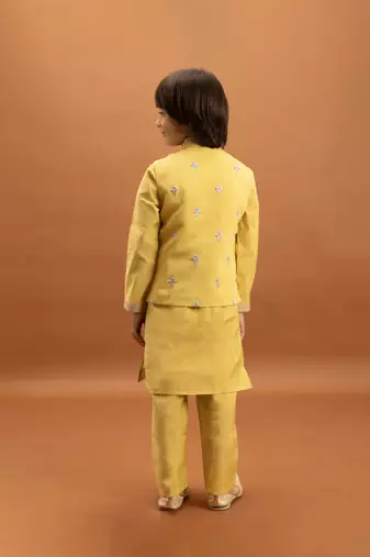 yellow viscose silk floral thread embroidered boys kurta pajama with jacket