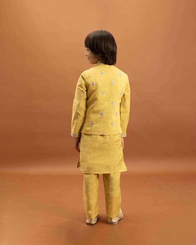 yellow viscose silk floral thread embroidered boys kurta pajama with jacket