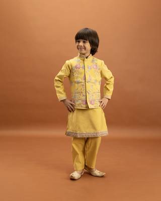 yellow viscose silk floral thread embroidered boys kurta pajama with jacket 5