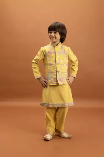 yellow viscose silk floral thread embroidered boys kurta pajama with jacket