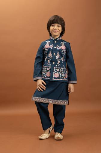 teal green viscose silk floral thread embroidered boys kurta pajama with jacket