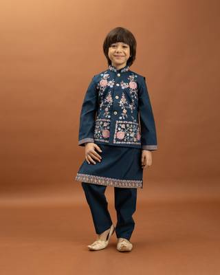 teal green viscose silk floral thread embroidered boys kurta pajama with jacket 1