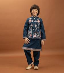 teal green viscose silk floral thread embroidered boys kurta pajama with jacket