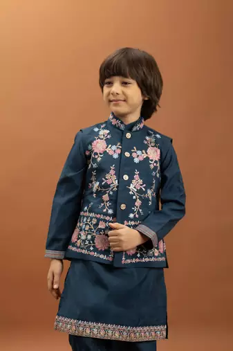 teal green viscose silk floral thread embroidered boys kurta pajama with jacket